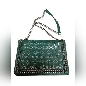 ZARA Woman Green Laser-Cut Leather Crossbody Purse with Chain Strap